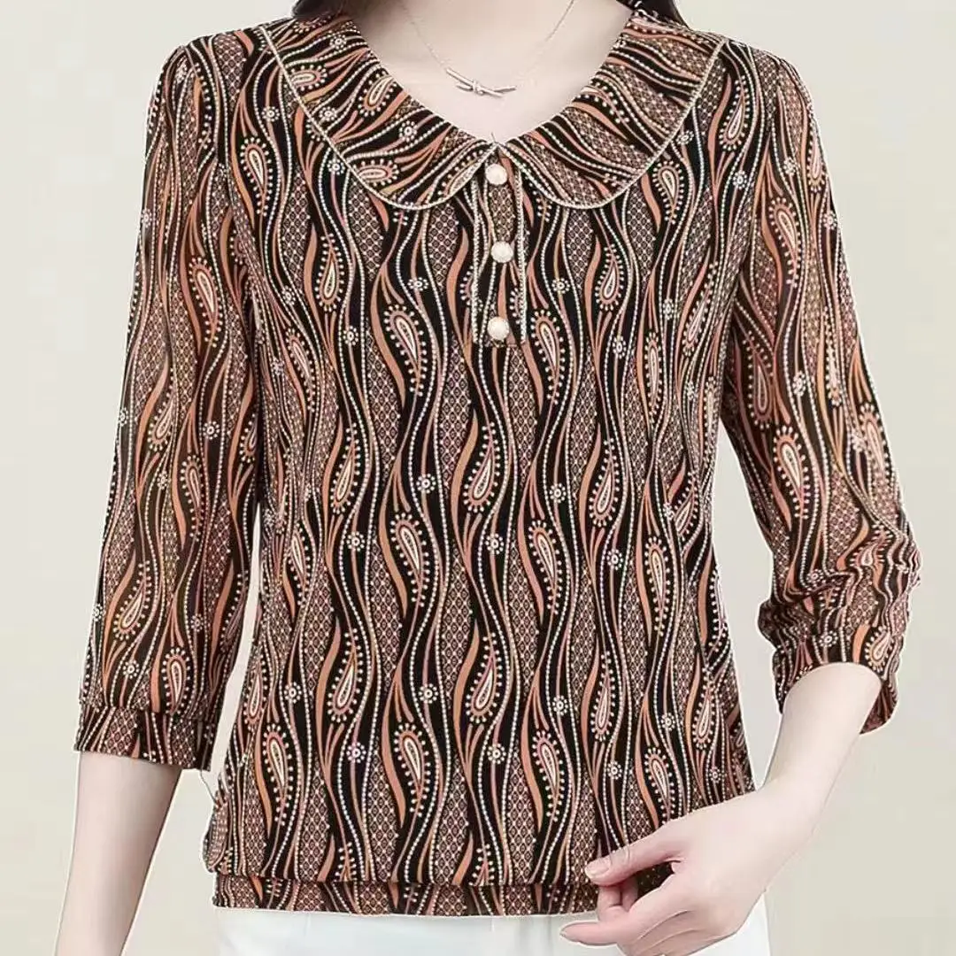 

Spring Summer Women Vintage 3/4 Sleeve T-shirt Korean Clothing New Fashion Elegant V-Neck Loose Bottoming Pullover Casual Tops