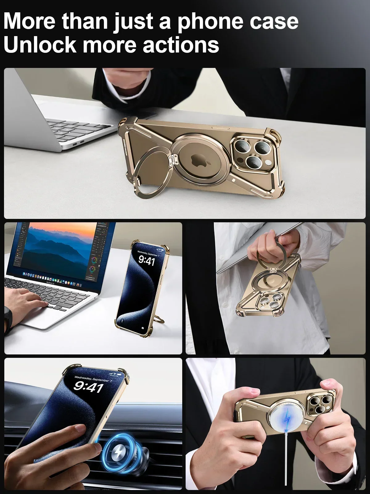 Eary Z Shape Metal Magsafe Phone Case for iPhone16 15 14 13 12 Pro Max Magnetic 360°Rotation Stand Metal Frameless Cover Bumper