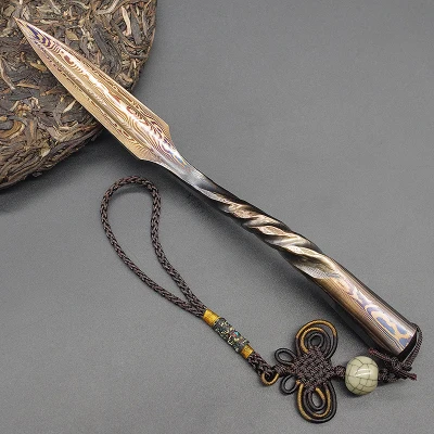 Longquan Pure Hand-made Household Steel Knife Hundred Lian Pattern Damascus Pu 'er Tea Knife Tea Needle Pry Open Tea, Special To