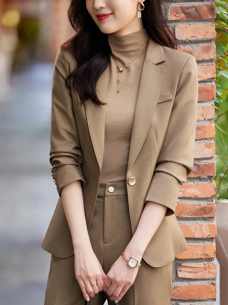 Fashion Women Pan Suits Khaki Beige Black Casual Business Blazer and Pants Sets Vintage High End Formal Office Lady Work Wear