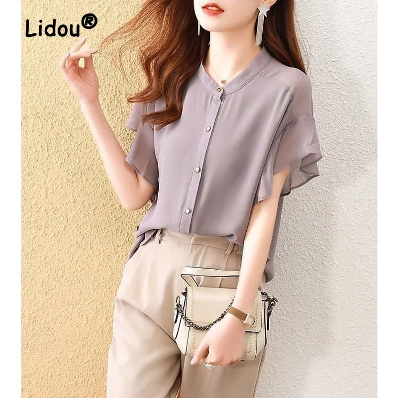 

Elegant Solid Color Loose Single-breasted Blouse Women Classic Short Sleeve Summer O-collar Office All-match Lady Chiffon Shirt