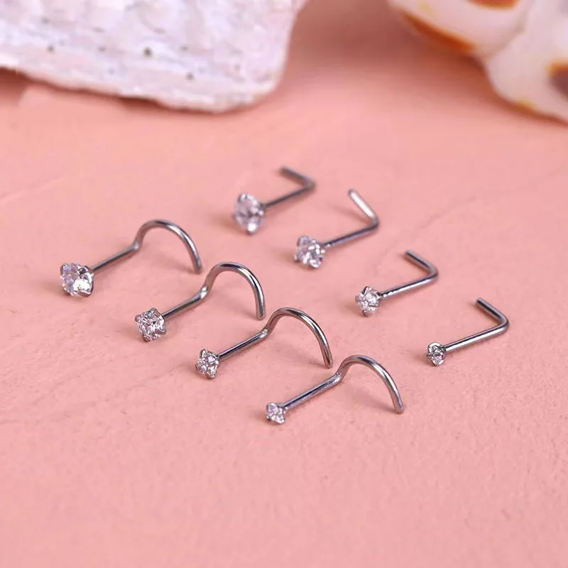 Piercing Jewelry Surgical Steel Crystal CZ Nose Ring L Shape Nose Studs Square Nostril 1Piece