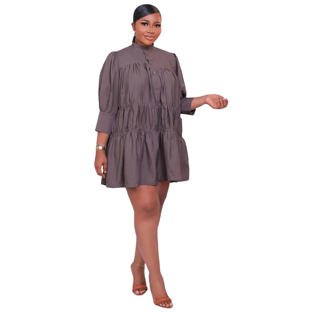 

African Shirt Dress Women Stand Collar Full Sleeve Africa Clothing Fashion New Solid Cascading Ruffle Casual Short African Dress
