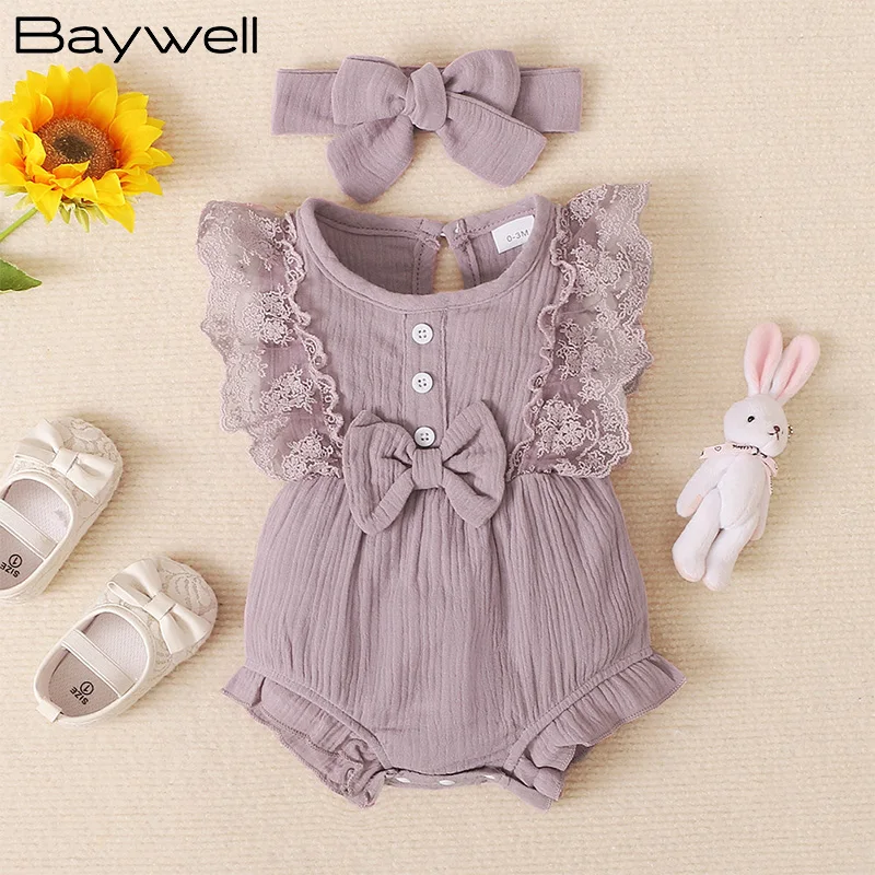 Baywell Summer Baby Girls Cute Bow Lace Ruffled Bodysuit+Headband Cotton  Linen Sleeveless Infant Jumpsuits Toddler Soft Clothes