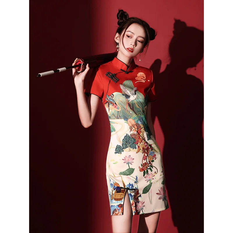 Chinese Trendy Cheongsam Skirt New Popular Short Style Improved Red Young Girl Bridesmaid Evening Qipao Dress for Women