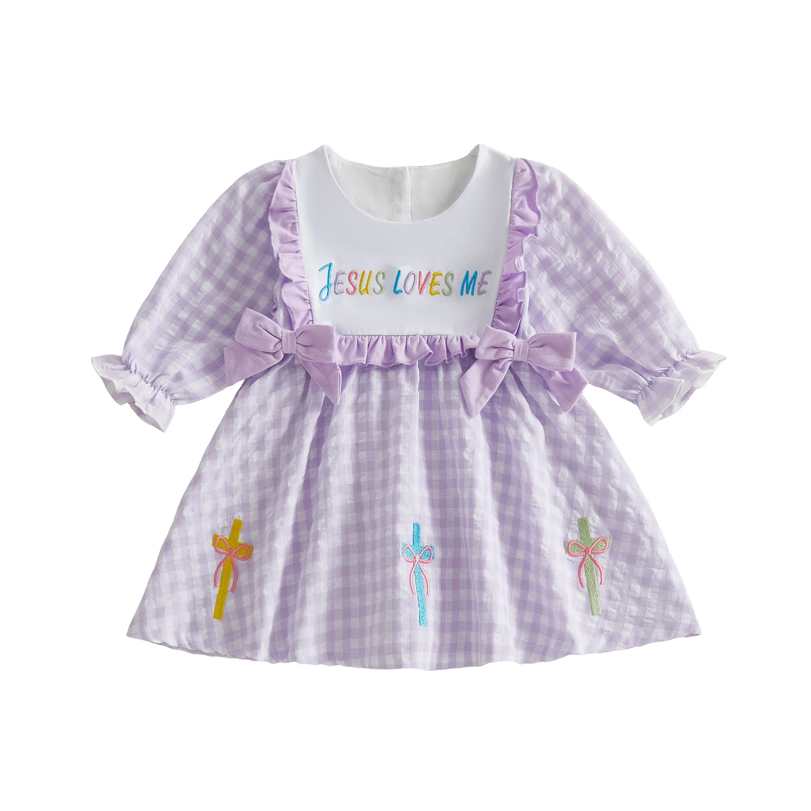 Girls Plaid Dress with Puff Sleeves Crew Neck Embroidered Letters Bow Detail and A-Line Silhouette for Spring