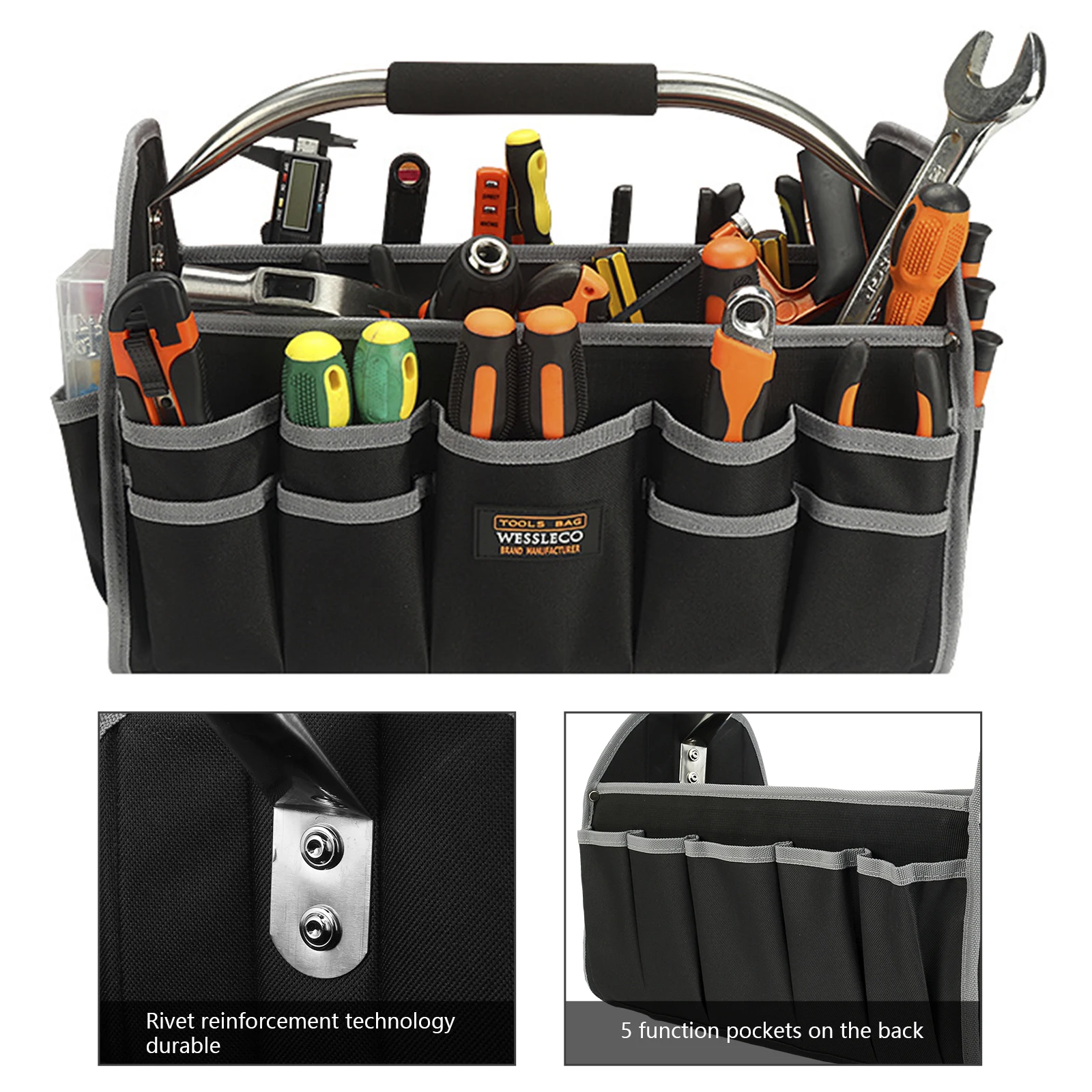 

Open Top Tool Tote Bag Foldable Tool Bag Water-Resistant Tool Carrier Adjustable Shoulder Multiple Pockets Tool Caddy Organizer