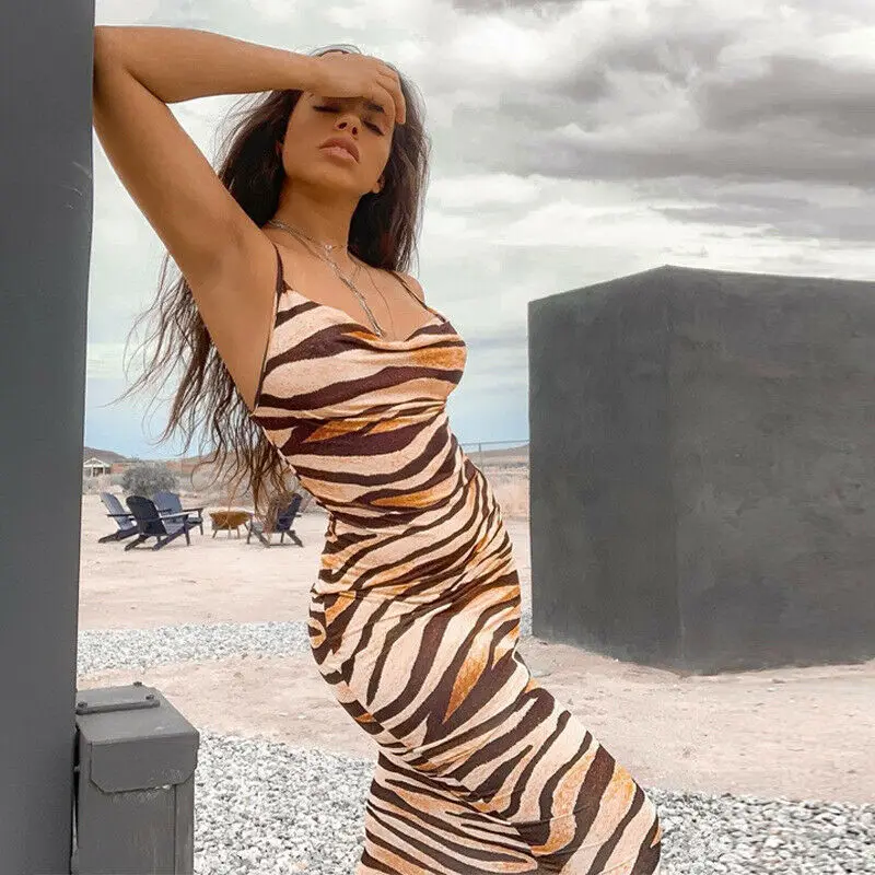 

Tiger Print Dress Women 2021 Y2k Sexy Sleeveless Long Dress Bodycon Spaghetti Strap Evening Party Club Maxi Dresses Streetwear