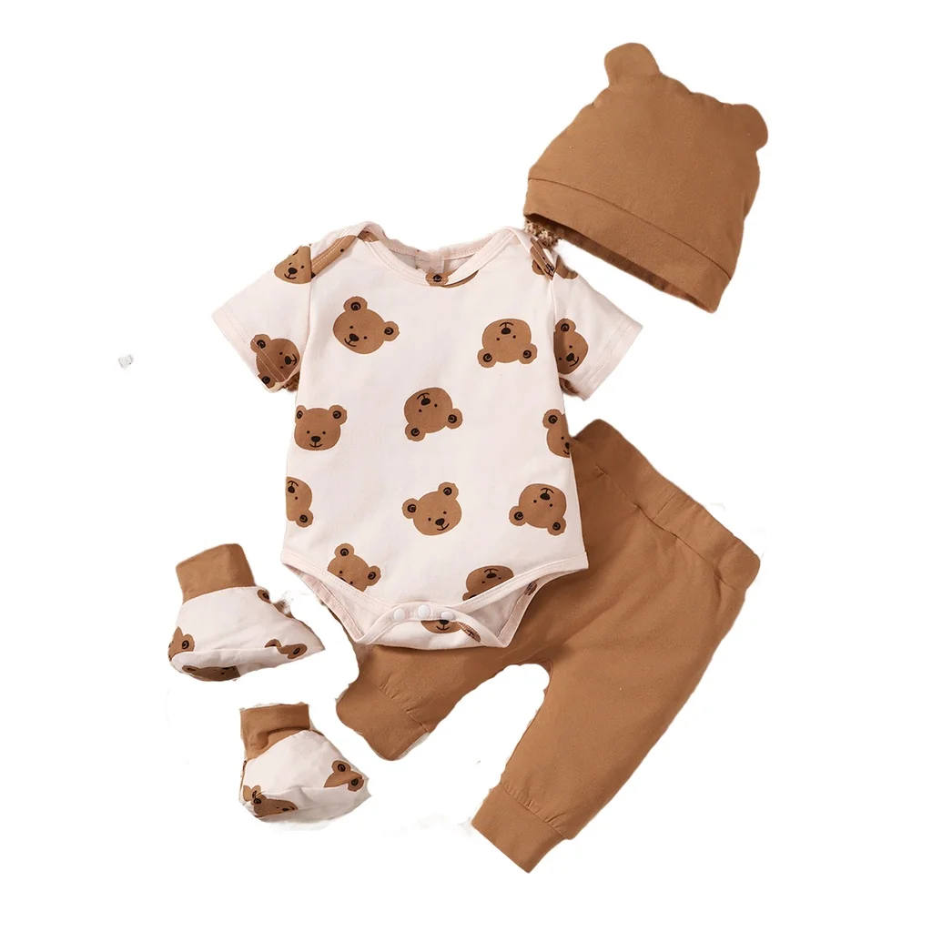 0-9 Ay Yenidoğan Erkek Bebek 4 ADET Giyim Seti Ayı Baskı Kısa Kollu Bodysuit + Pantolon + Şapka + Çorap Sevimli Bebek Fotoğraf Kıyafet_voghion.com
