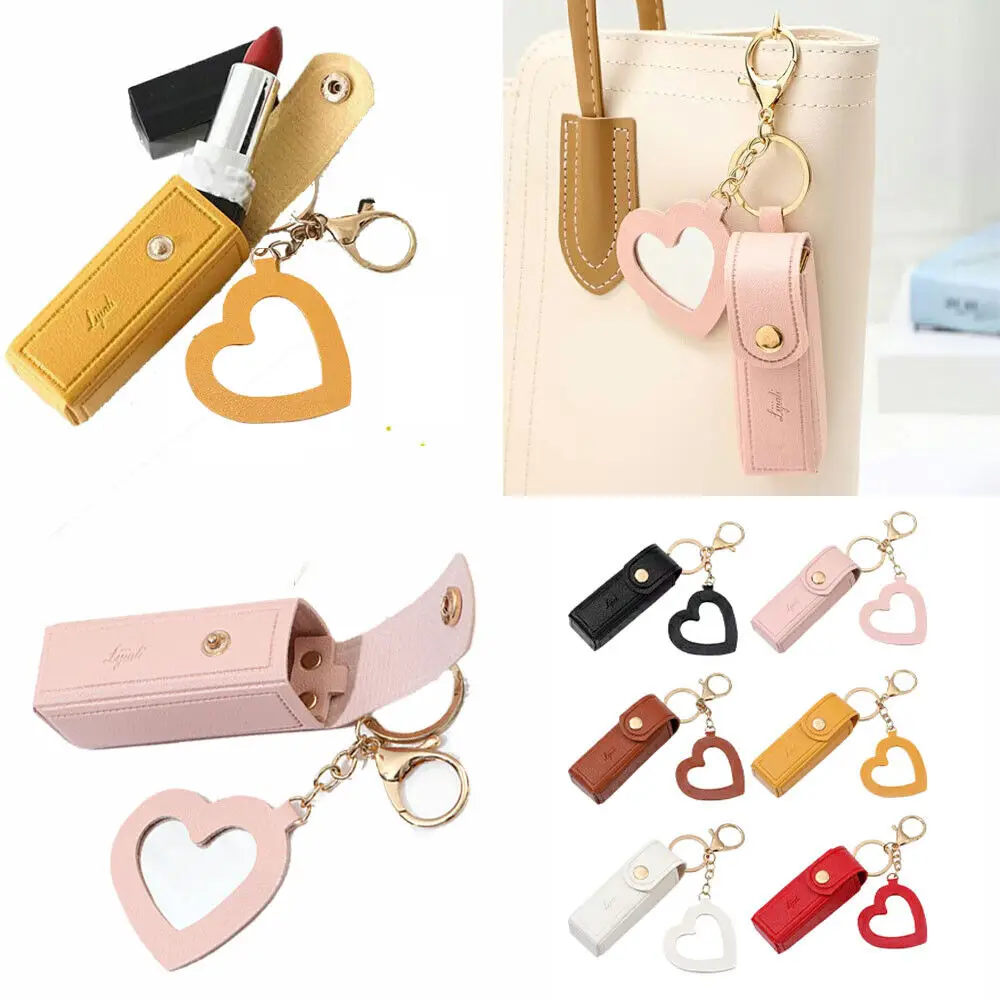 Portable Leather Lipstick Bag Makeup Pouch Lip Balm Bag Keychain Holder Lipsticks Protective Cover With Mirror 2