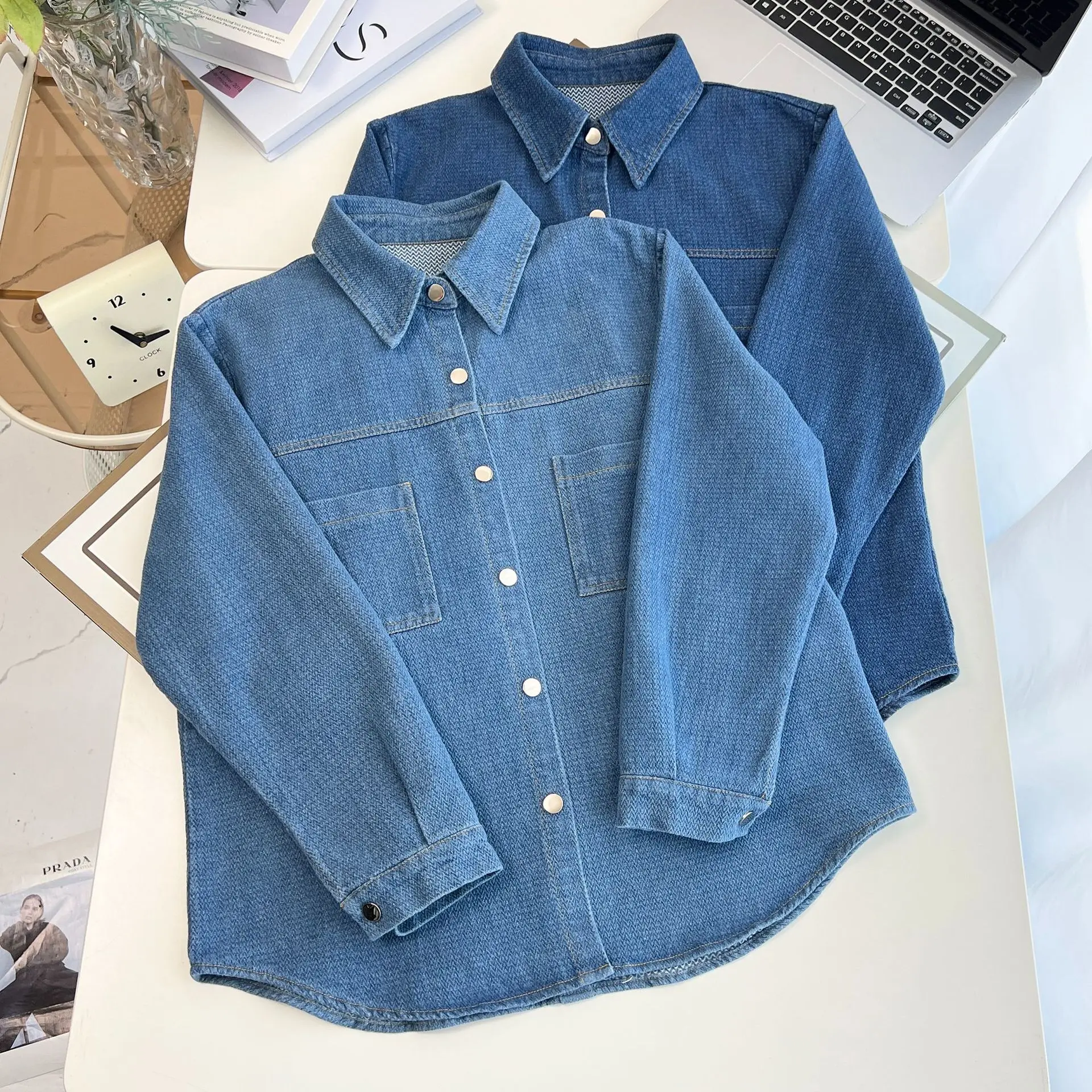 Plus Size Women's Blouses 2025 Autumn New Stylish Starry Sky Striped Denim Shirt Jacket 014