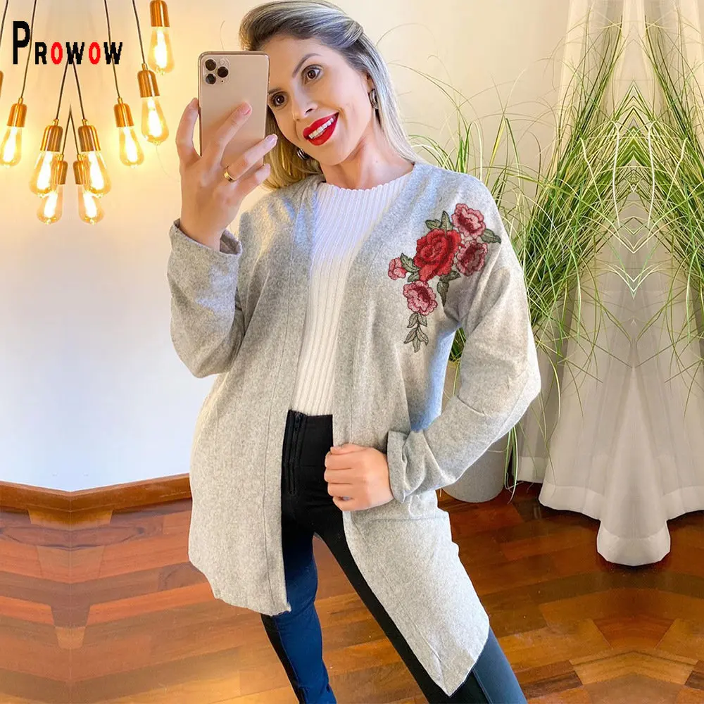 

Prowow Casual Women Cardigan Flower Embroidery Open Stitch Tops Clothes Long Sleeve Spring Fall Thin Female Outerwear Coat