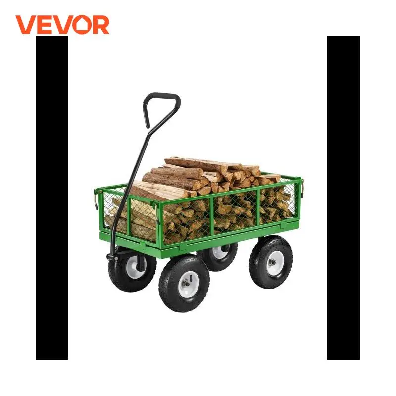 Steel Garden Cart on Wheels Pullable Metal Yard Wagon Carts 180&deg;Rotating Handle For Yard