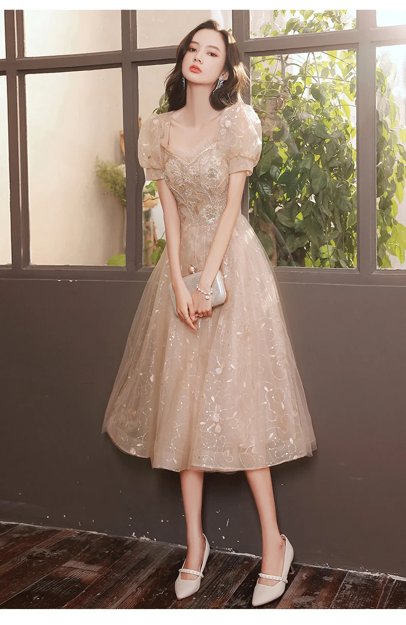 hot pink prom dress Champagne Midi Dresses For Christmas Party 2021 Elegant Sweetheart A-Line Tea-Length Sequined Lace Semi Formal Gowns Cocktail navy blue prom dresses