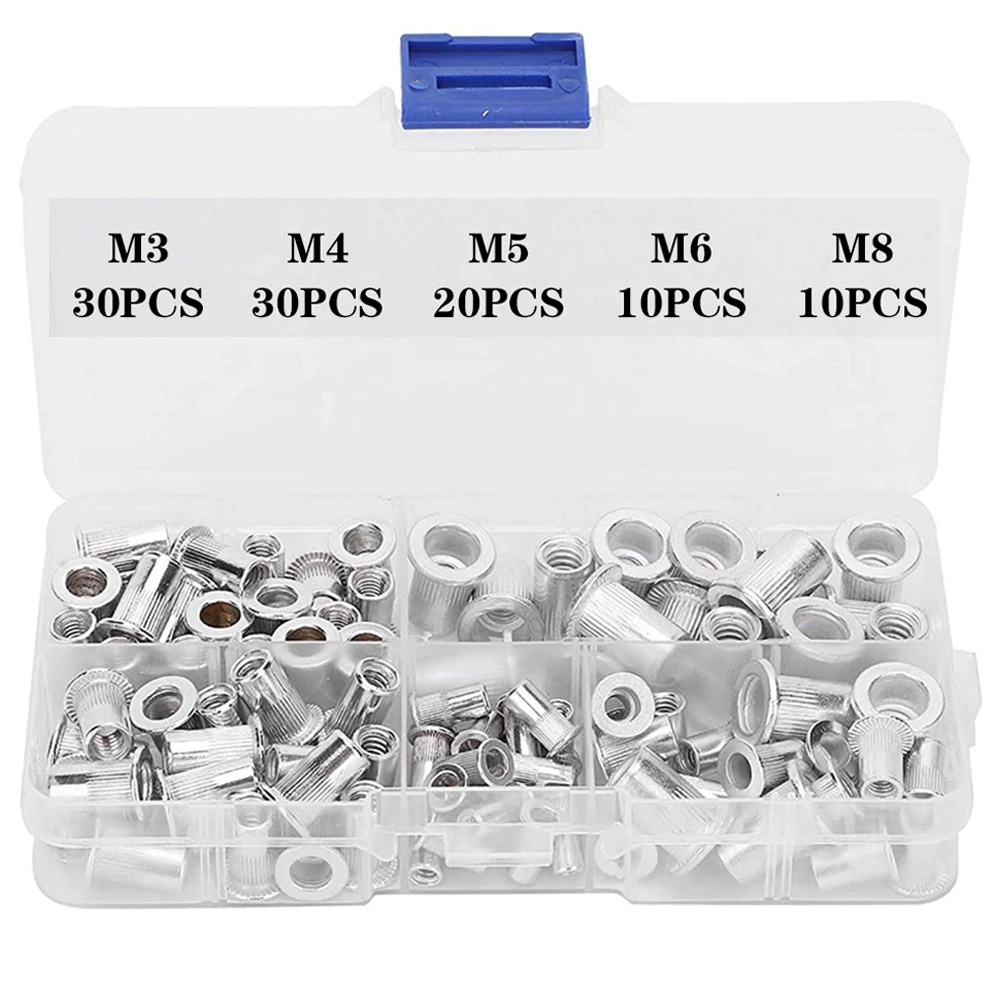 100pcs Aluminum Flat Head Nut Set M3 M4 M5 M6 M8 Insert Rivets Mixed Size Auto Rivet Tool Set rivet gun rivet nut tool rivet gun set rivet nuts set