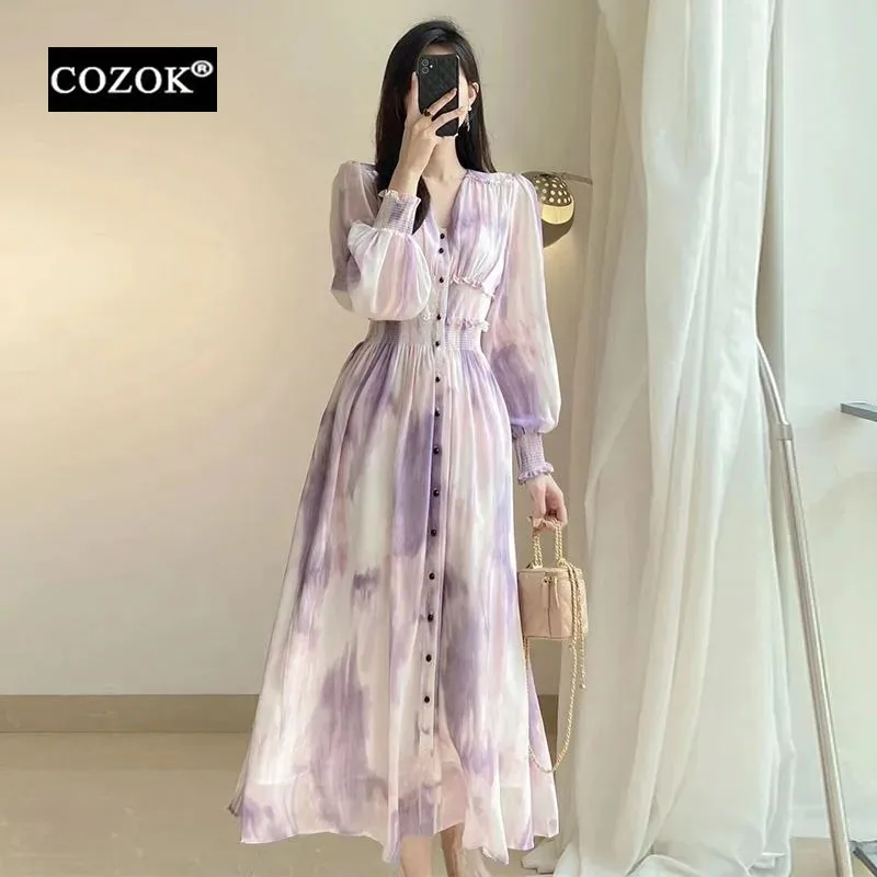 

COZOK Long Dresses for Women Autumn Tea Break Tie-dye Chiffon Waist Long-sleeved French Elegant One-piece Style Summer Dress