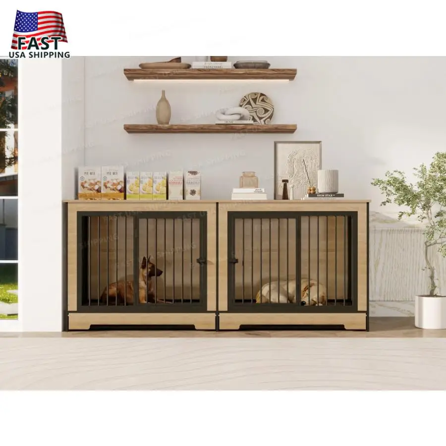 XL Large Double Dog Cage Furniture with Tray Wooden Pet Kennel for Medium Large Dogs