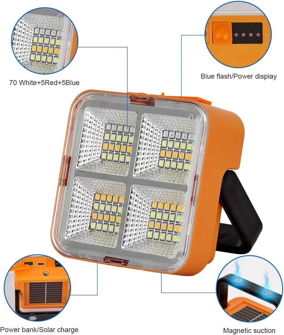 Portable Solar LED Work Light Magnetic Rechargeable Flood Light Sos Power Bank Function for Camping Job site Lighting Emergency