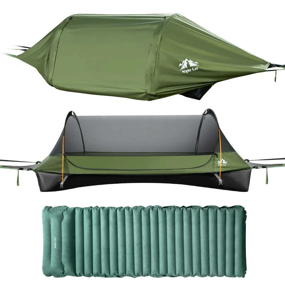 Night Cat Flat Lay Hammock Tent with Sleeping Air Pad Mosquito Net and Waterproof Rainfly for 1 Person Backpacking Hiking Camping Lightweight 330LBS 87x28x19in
