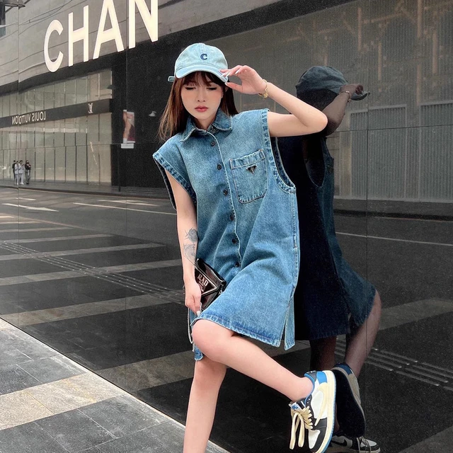 2023 Summer New Triangle Standard Sleeveless Denim Dress Female