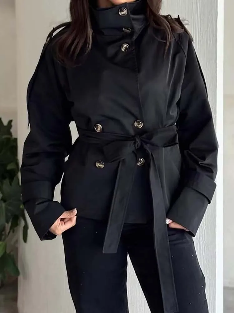 Fashion Belt Short Trench Coat Women Stand Collar Double Breasted Long Sleeve Jacket 2025 Autumn Lady Commute Chic Outerwear ﻿