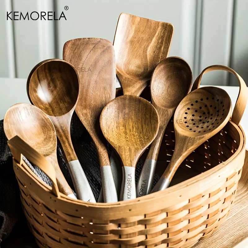 Handmade Wooden Cooking Utensils Set with Spoons Spatulas and Holder