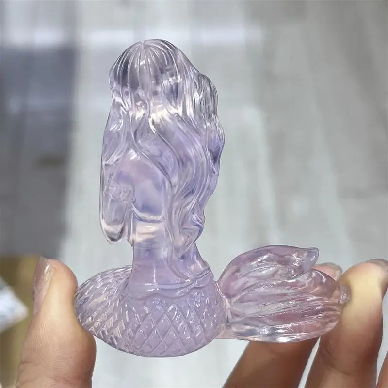 High Quality Pink Opalite Mermaid Carving Animal Crafts Healing Crystal Stone Feng Shui Home Decoration Gift 1PCS 4