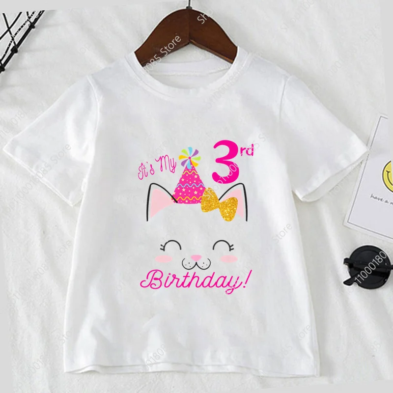 

Футболка с рисунком в виде кошки для девочек на день рождения, номер 1-9, футболки на день рождения, футболки для девочек, футболки с рисунком животных, одежда, Топ