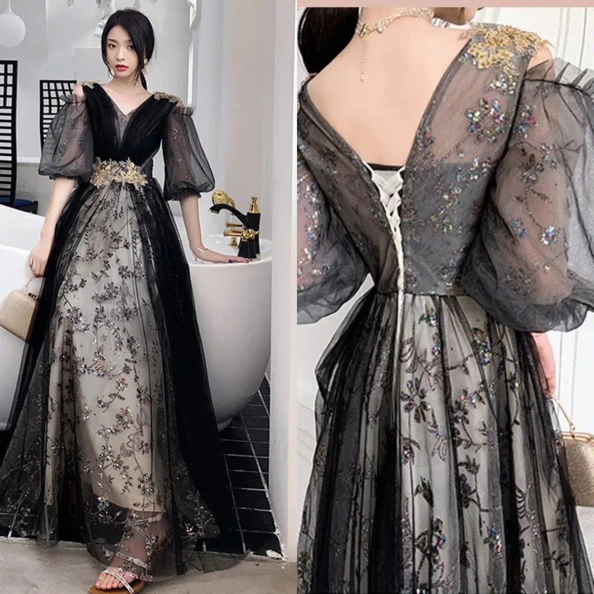 

Evening Dress Black Golden Glitters V-neck Half Puff Sleeves A Line Floor length Plus size Party Formal Gown Vestidos De Fiesta