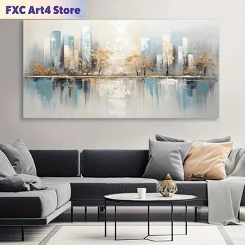 Arte astratta moderna su tela senza cornice - Dipinto da parete con albero geometrico senza cornice, decorazione minimalista blu e dorata per soggiorno, B