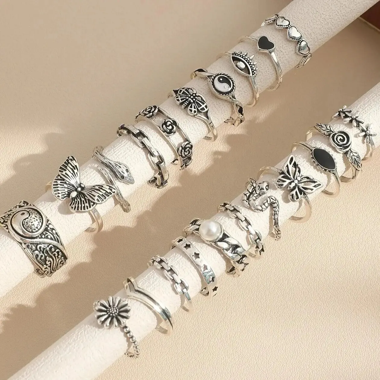 Punk Style Butterfly Heart And Tai Chi Design Multi-element Snake Rings Set 21pcs Set ring set