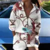 Summer New Suit Women's Top Lapel Long-sleeved Printed Zipper Shorts Two-piece Office Casual And Comfortable Suit