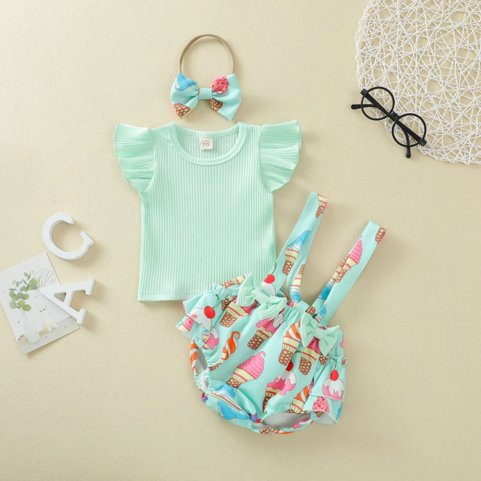 Children's clothing girls clothes set summer baby girl pit strip lace flying sleeve top triangle romper + floral shorts set Baby Clothing Set classic