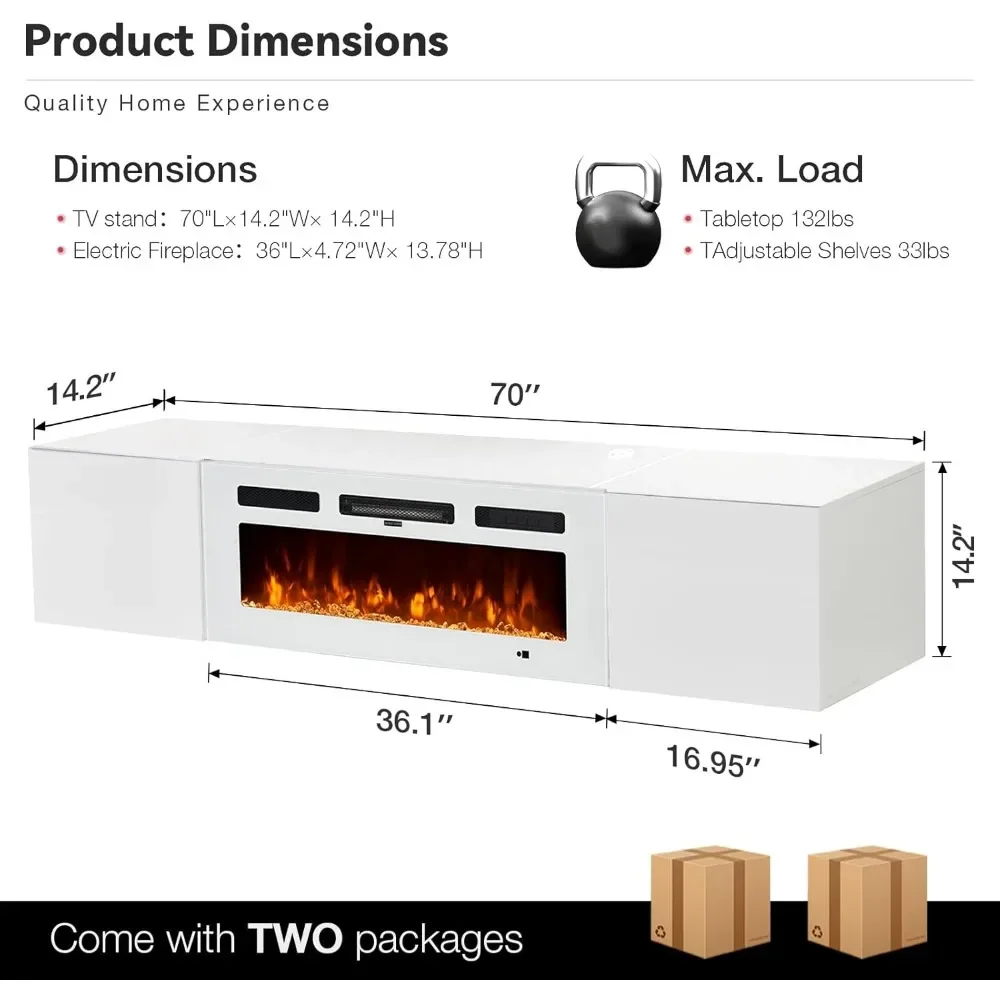 Floating TV Stand with 36Electric Fireplace, Wall Mounted Fireplace Entertainment Center with Storage70TV Console with Fireplace 3
