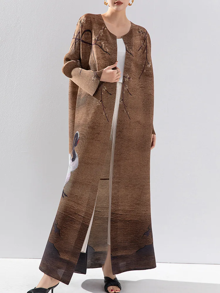 Miyake Pleated Vintage Swan Printed Long Sleeve Coat Women 2023 New Autumn Winter Original Designer Cardigan Plus Size Robe