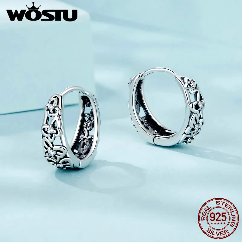 WOSTU 925 Sterling Silver Hollowed Butterfly Hoop Earrings Vintage Iris Flower Earrings for Women Fine Jewelry Party Daily Gift