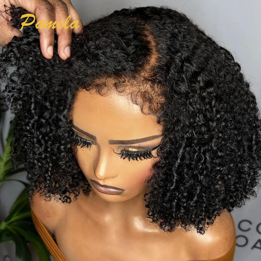 

4C Kinky Edges Natural Hairline Glueless Wig Human Hair Ready To Go Curly Bob 13x4 Transparent Lace Front Wig With Bady Hair