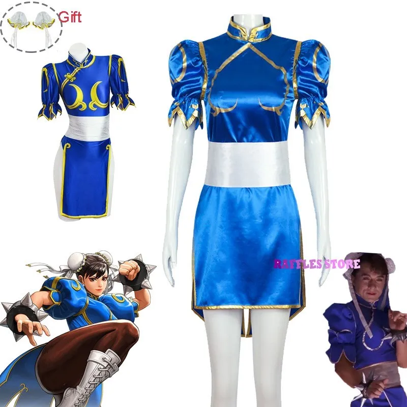 Cosplay Costume Chun Li Cosplay Dress Costume Game SF Chunli Role Play Blue Qipao Outfit Full Set Jackie Kung fu Halloween Party Suit For Fun