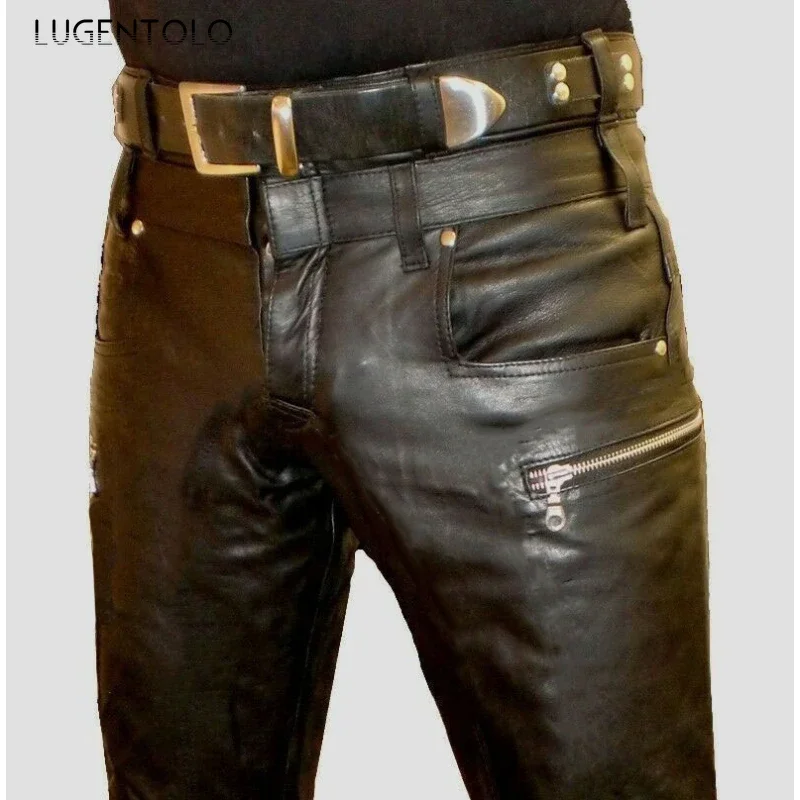 Men PU Pants Black Faux Leather Zipper Casual Trousers Large Size Mid Waist Straight Street Mens Clothing