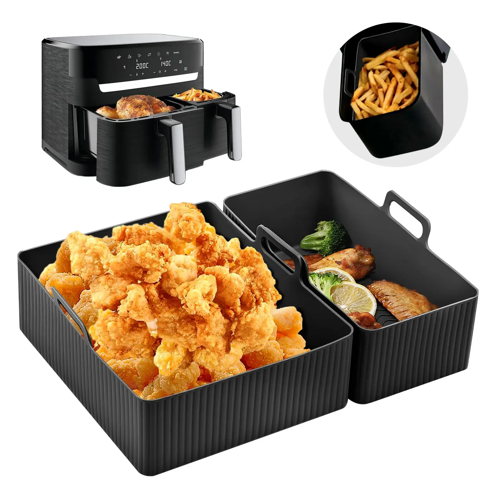 Silicone Liners Square for Air Fryer Non-stick Food-grade Reusable Silicone Baking Tray Basket Oven Air Fryer Accessories 2Pcs
