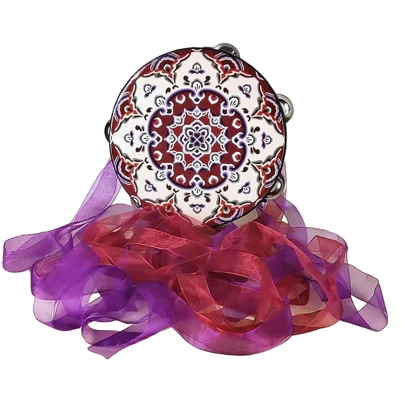Chinese Hand Drum with Ribbon Bells Dunhuang Dance Stage Performance Decorative Tambourine Musical Instrument Photography Props