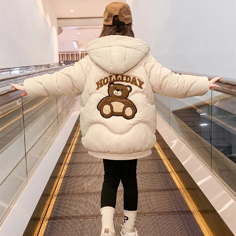 

2023 New Girls Down Jacket Cute Bear Autumn Winter Warm Fashion Parka Coat Hooded Zipper Girls Outerwear 5-12 Years Kids Clothes