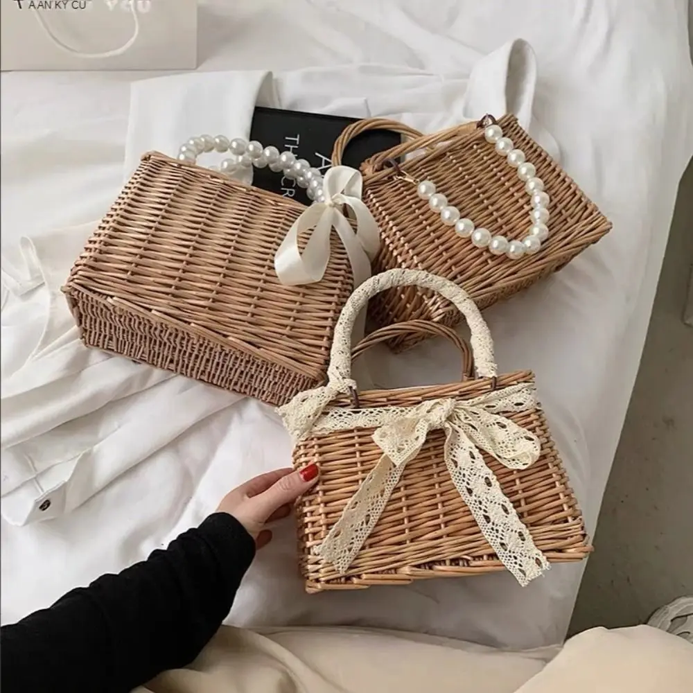Straw Tote Hand Bags Summer Pearl Handle Handmade Knitted Handbag Storage Rattan Weaving Basket Shoulder Bag Women Girls