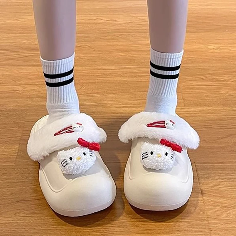 

Kawaii Hello Kitty Sanrio Anime Autumn Winter Warm Plush Shoes Waterproof Cute Kt Cat Slippers Girly Heart Toys for Girls