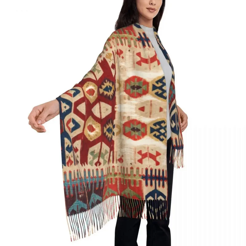 

Aksaray Tribal Antique Turkish Kilim Print Tassel Scarf Women Soft Vintage Ethnic Art Shawl Wrap Lady Winter Fall Scarves