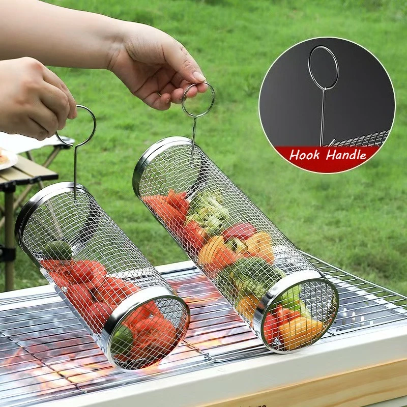 Outdoor Camping Barbecue Round Barrel Rolling Grill Basket Grill Cage Grill Rack Grill Mesh