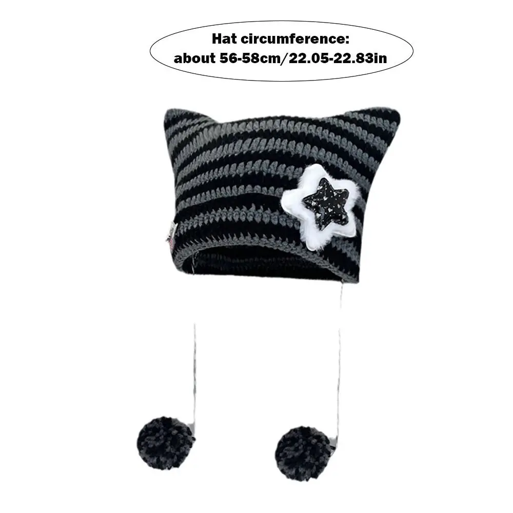 Y2K Beanie Hut Ins Teufel Ohr Gestreifte Gestrickte Wolle Kappe Herbst Winter Hip-hop Häkeln Nette Katze Ohren Spitz Pullover frauen Hüte – Detail 1
