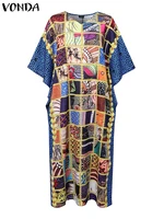 VONDA Women Printed Maxi Dress Summer Sundress Vintage Patchwork Party Vestidos 2025 Casual Loose V Neck Half Sleeve Robes