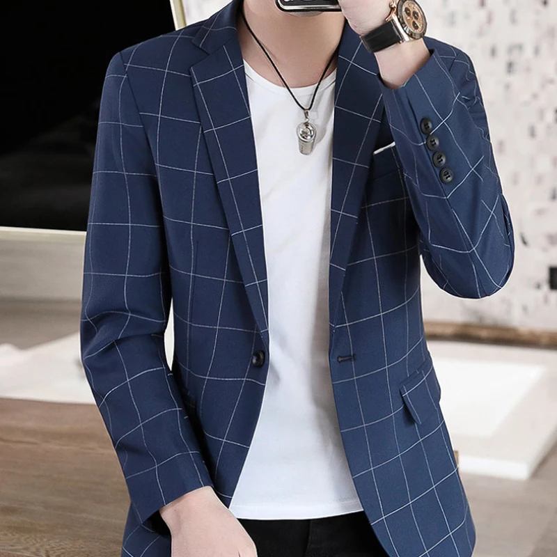 

Classic Plaid Men's Blazer Casual Hundred Take Male Handsome Slim Korean Version of Business Commuter Youth Work Suit Jacket 5XL