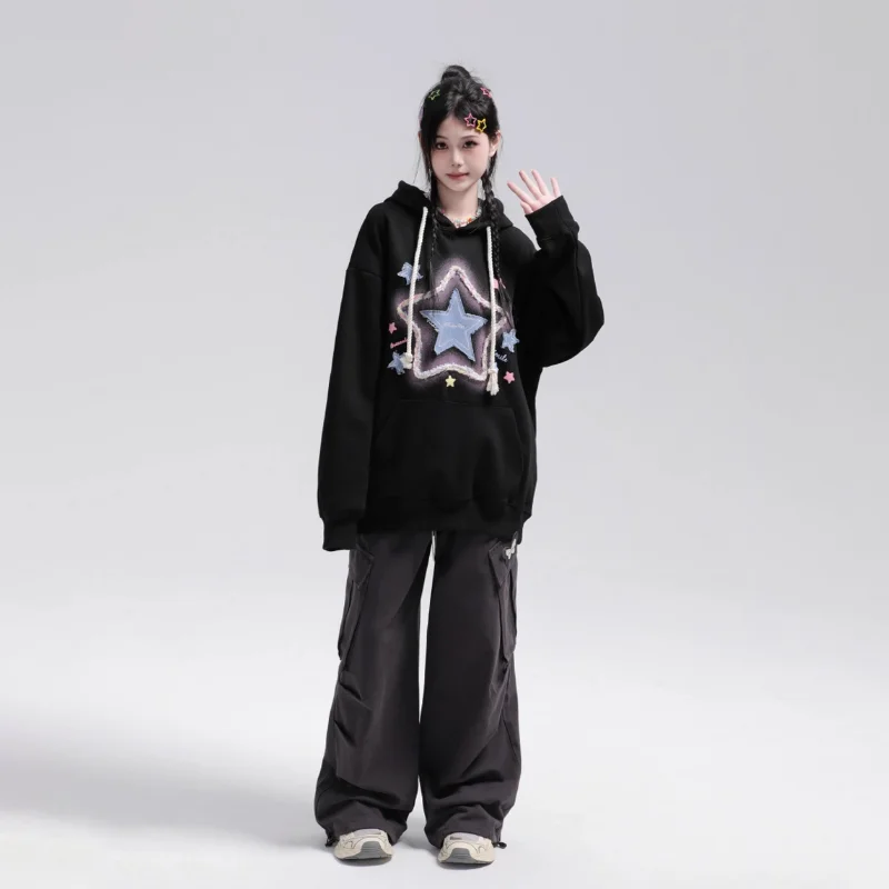 Sudadera con capucha mujer bordado estrella estilo retro americano_voghion.com